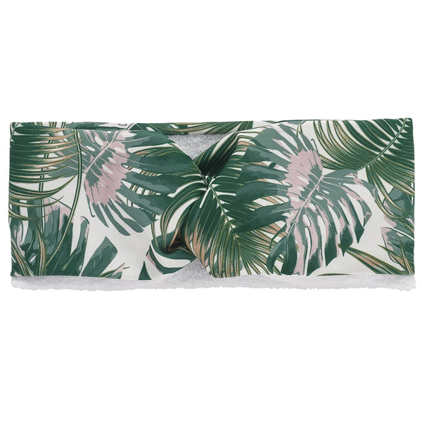 Green palm print on white background lycra hairband with white microfibre lining and twist at top.
