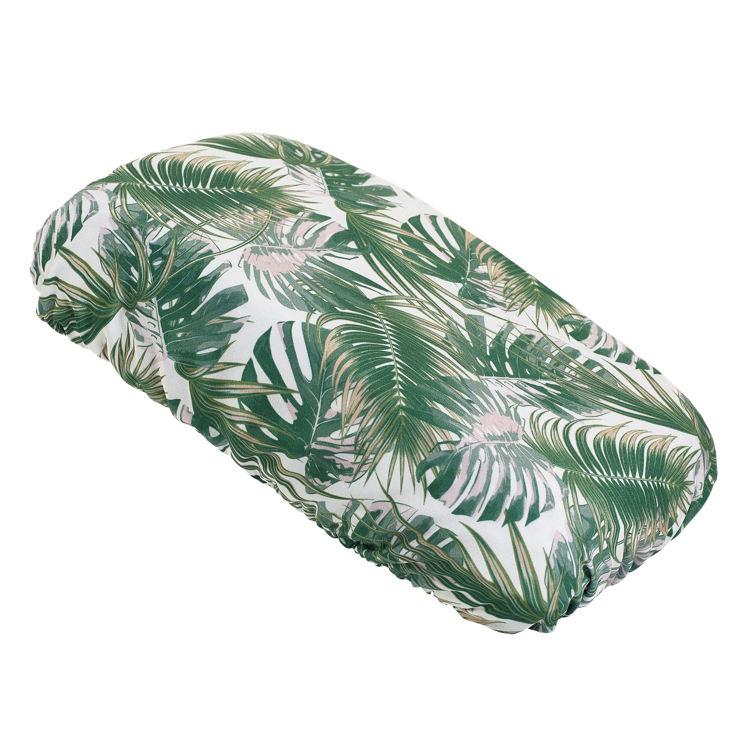Soft waterproof rectangular bath pillow covered in a satin print of green and pink hued palms leaves. Two suckers on reverse.