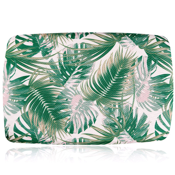 Soft waterproof rectangular bath pillow covered in a satin print of green and pink hued palms leaves. Two suckers on reverse.