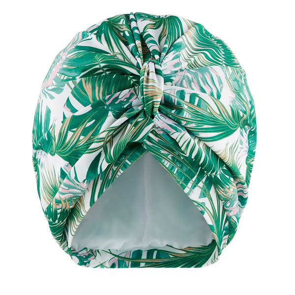 Green and pink hued palm print lycra pull on waterproof turban, with pretty gathered knot at front
