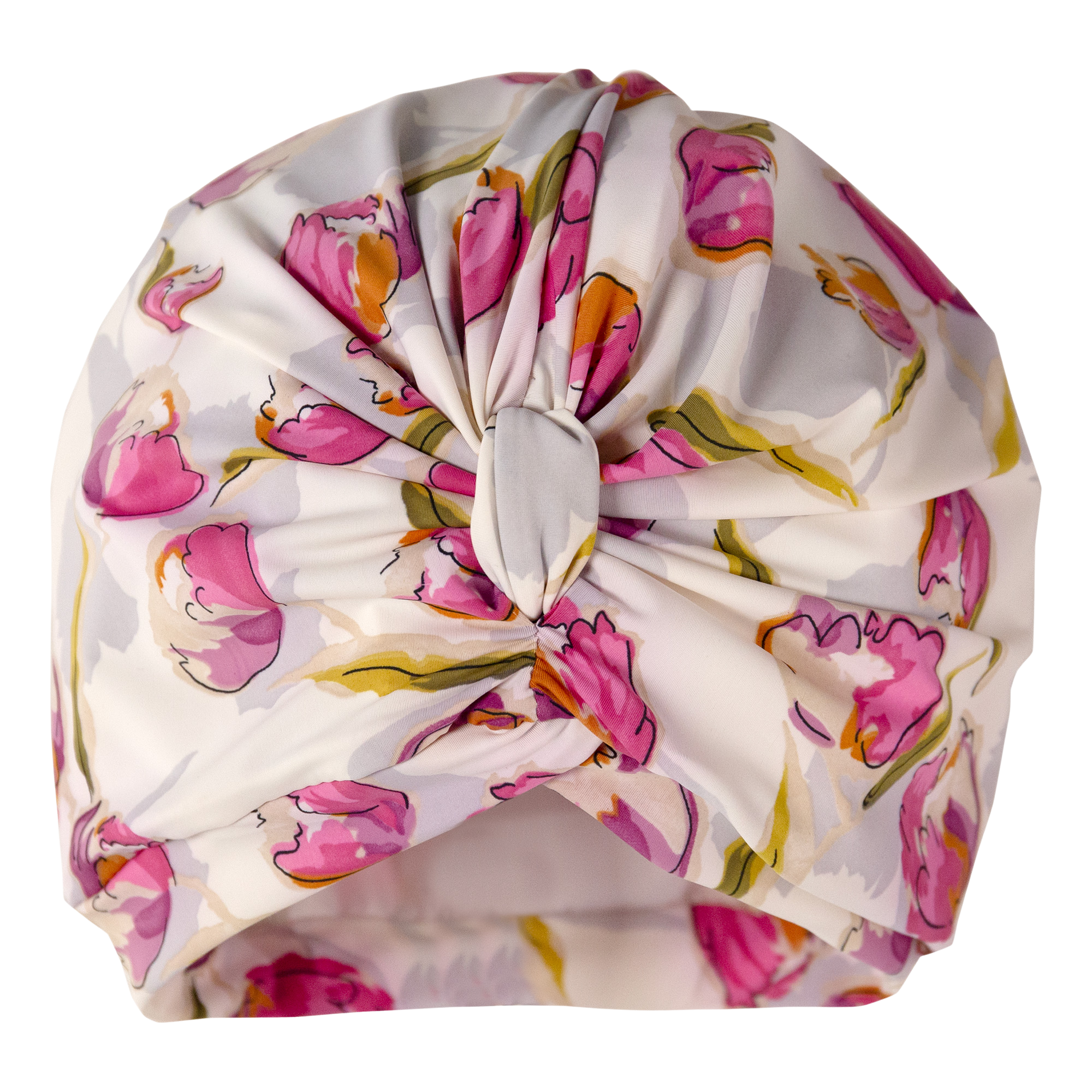 Pink tulip print on white lycra background pull on towelling lined drying turban, with pretty gathered knot at front
