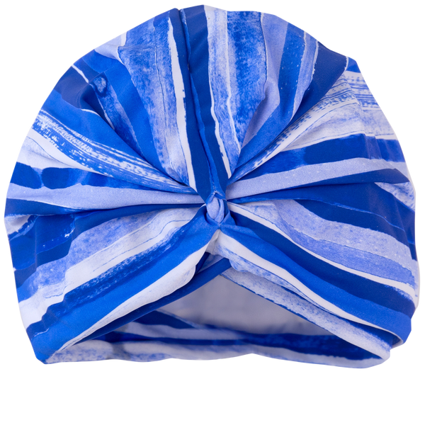 Blue & white wave print lycra pull on waterproof shower turban, with pretty gathered knot at front.
