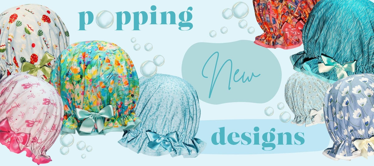 selection of frill shower caps with bubbles in background announcing new designs
