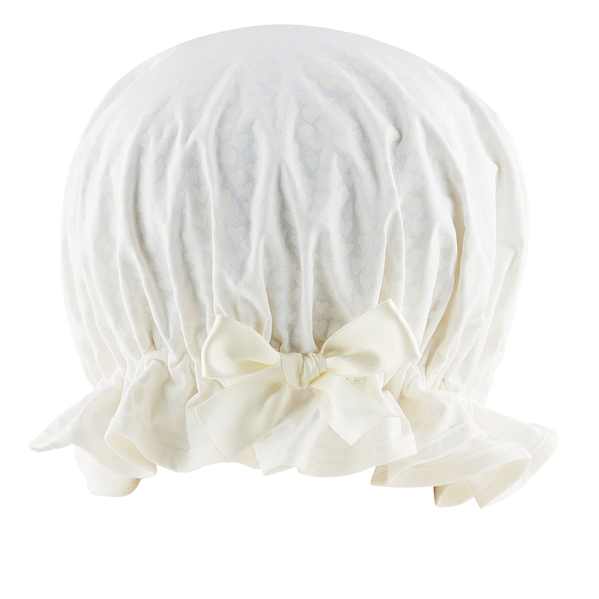 Vintage style women's shower cap.  Small cream lacquer hearts on white cotton background. Trimmed in cream with matching satin bow.