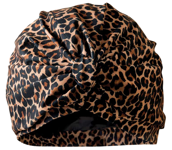 Leopard print lycra pull on turban, with pretty gather and knotted at front
