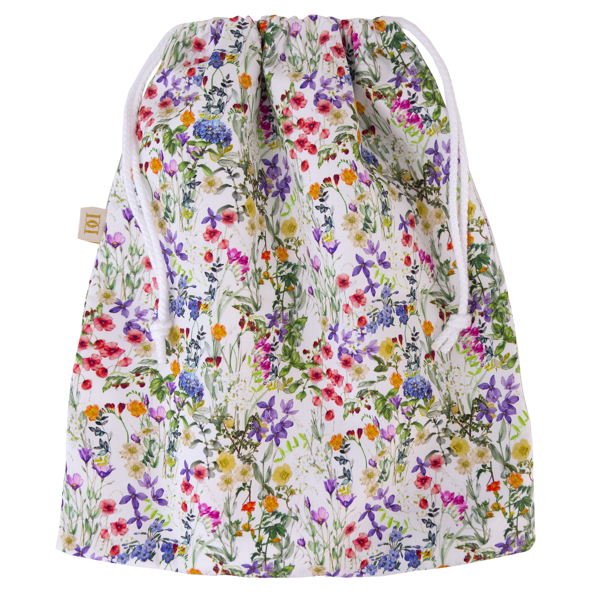 Flat multicoloured meadow cotton print washbag with white cord pulls and white waterproof lining
