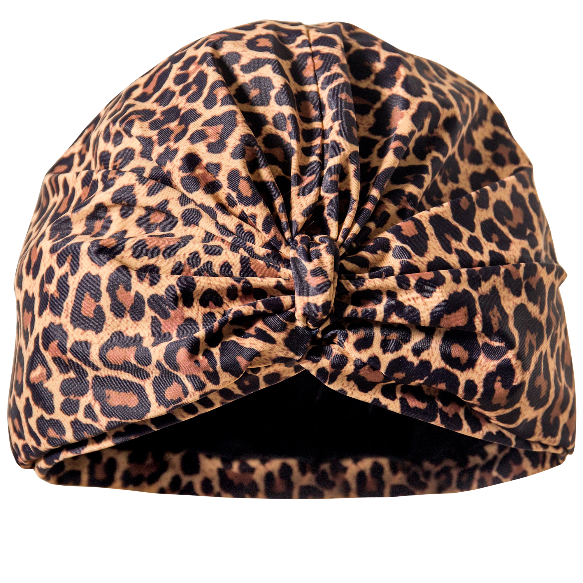 Leopard print lycra pull on waterproof turban, with pretty gather and knotted at front
