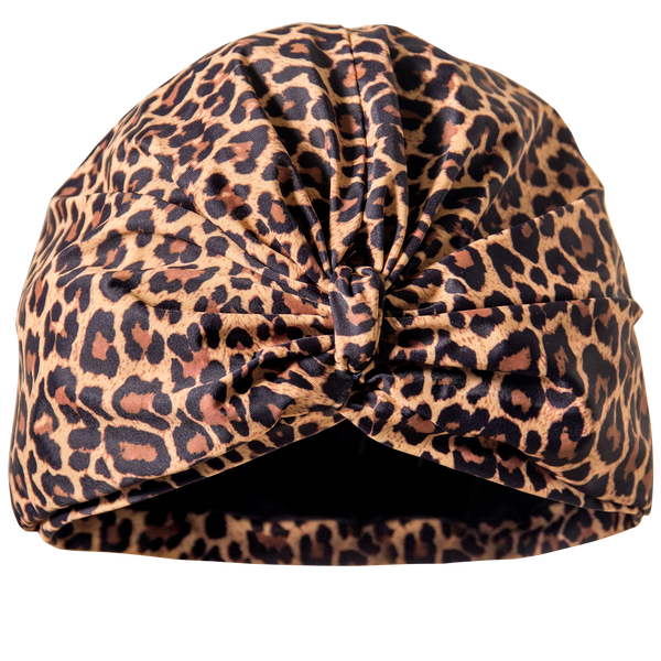 Leopard print lycra pull on waterproof turban, with pretty gather and knotted at front
