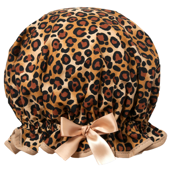 Vintage style, cotton shower cap. Frilled edge, beige, brown and black leopard print.  Trimmed in beige with matching satin bow.
