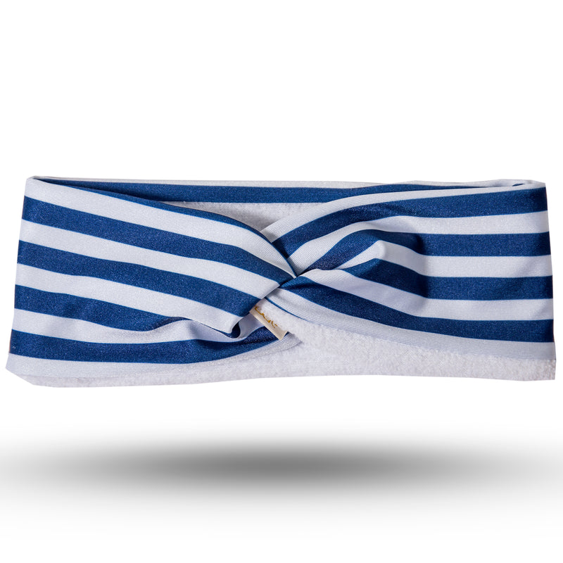 Blue and white striped pull on lycra hairband, with white microfibre lining, with twist at top