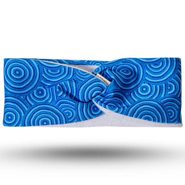 Dark and pale blue circular lycra print hairband, with white microfibre lining, with twist at top