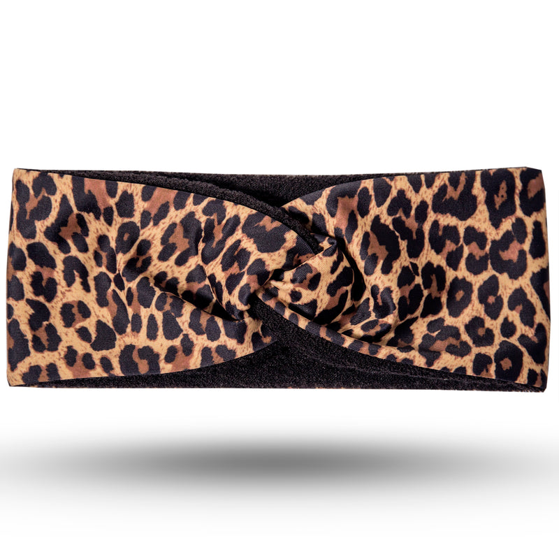 Leopard print lycra hairband, with black microfibre lining, with twist at top