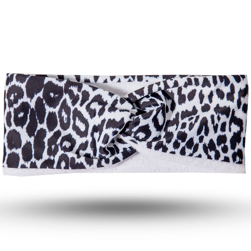 Black and white animal print lycra hairband, with white microfibre lining, with twist at top