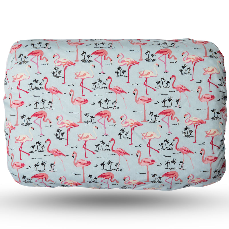 Soft waterproof rectangular bath pillow covered in a pink flamingo print on pale blue background cotton print. Suckers on reverse.