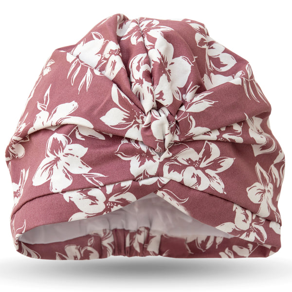 Ivory flowers on dusky rose pink cotton stretch satin pull on waterproof turban, with pretty and gather and knotted at front.