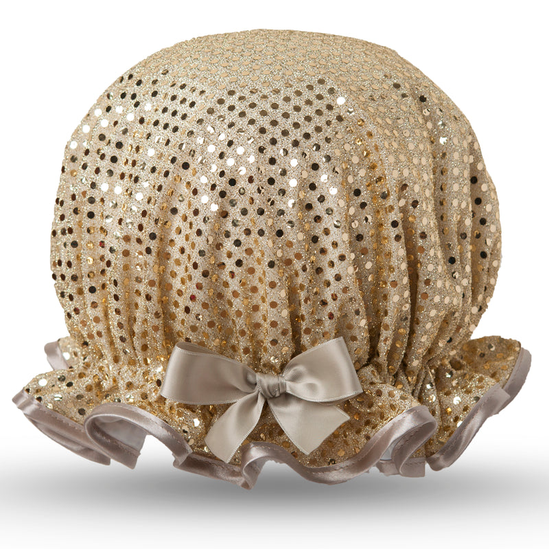 Vintage style, women’s large foil shower cap. Frilled edge and covered in gold sequins. Beige satin trimmed edge and matching satin bow.