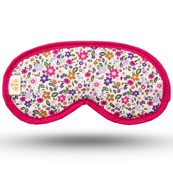 Small pink, green and purple flower print sleep mask.  Navy velour backing and elastic.  Edged in cerise