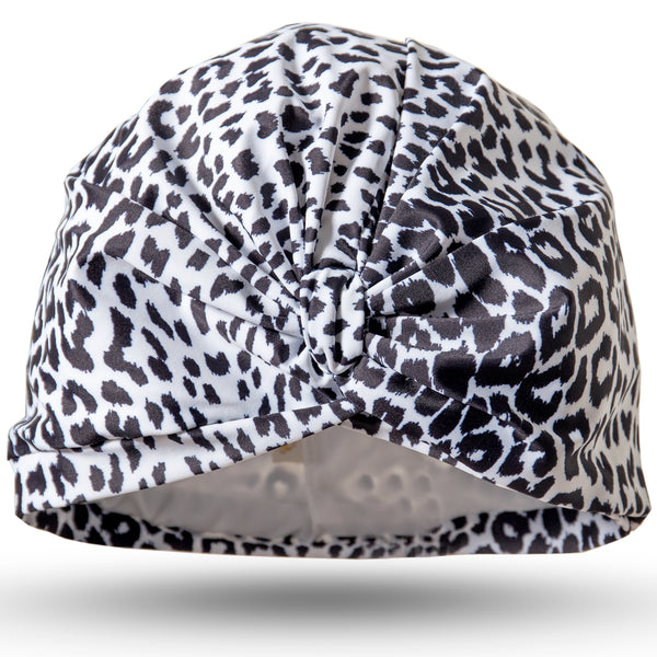Black and white animal print lycra pull on waterproof shower turban, with pretty gather and knot at front