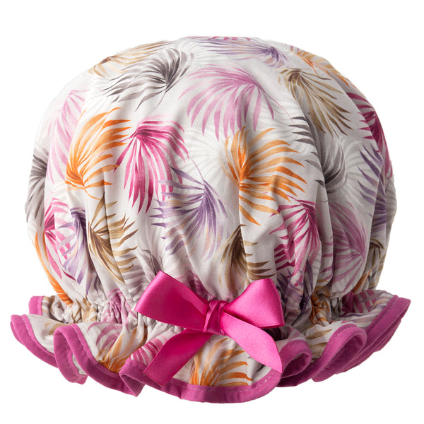 Vintage style, women’s large cotton shower cap. Frilled edge, multicoloured leaf print in purple, brown and greys. Trimmed in purple with matching satin bow.