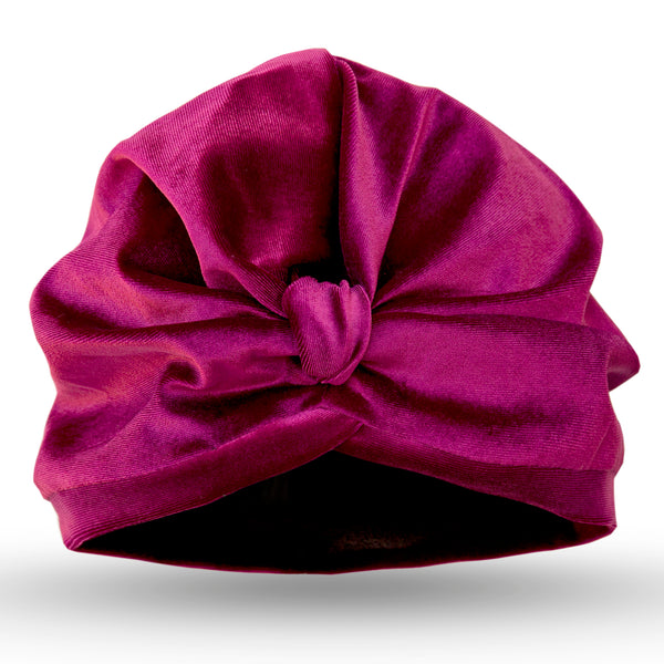 Deep pink pull on black towelling lined drying turban, with pretty gather and knotted at front