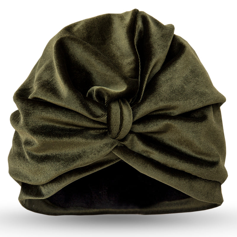 Deep green velour pull on towelling lined drying turban, with pretty gather and knotted at front