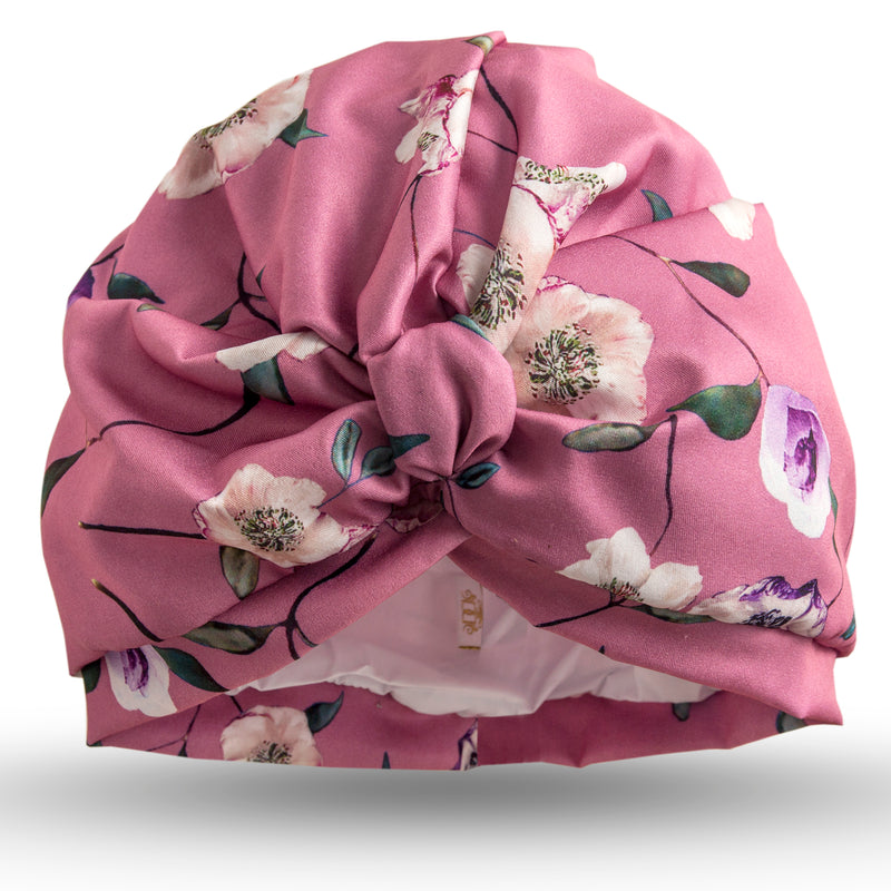 Dusky pink rose print satin pull on towelling lined turban, with pretty gather and knotted at front