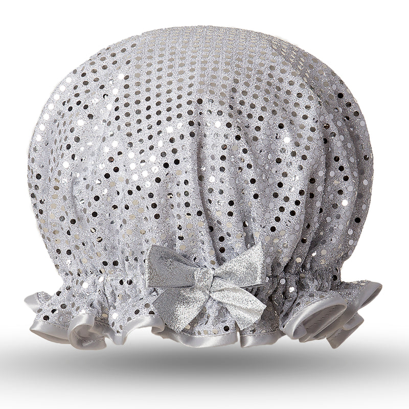 Vintage style, women’s large cotton shower cap. Frilled edge and covered in silver sequins. Grey satin trimmed edge and matching satin bow.