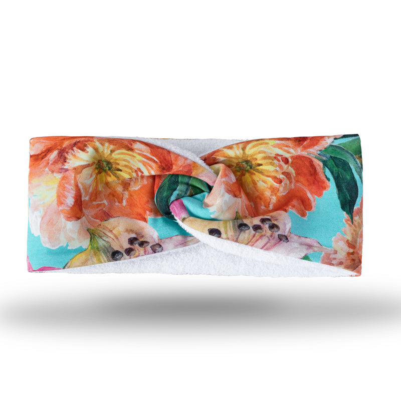Bright multicoloured floral print lycra hairband, with white microfibre lining, with twist at top