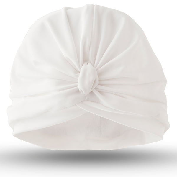 Plain white lycra pull on waterproof turban, with pretty gather and knotted at front.