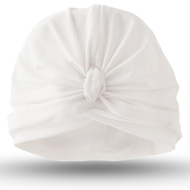 Plain white lycra pull on towelling lined drying turban, with pretty gather and knotted at front.