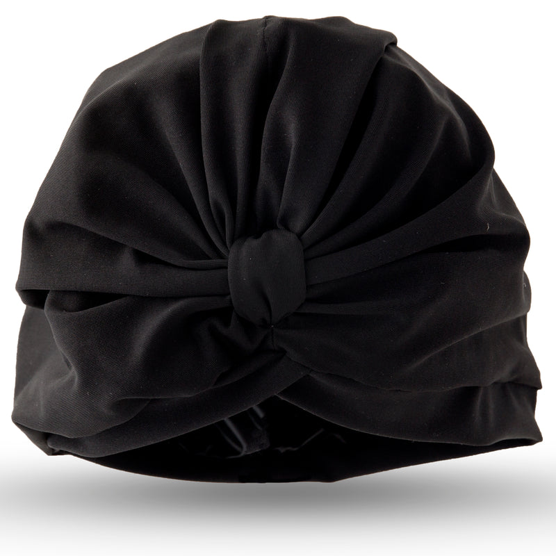 Plain black lycra pull on towelling lined drying turban, with pretty gather and knotted at front.