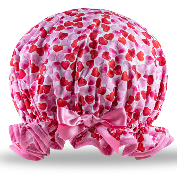 Vintage style women's large cotton shower cap.  Frilled edge, pink and red hearts with pink trim and matching satin bow