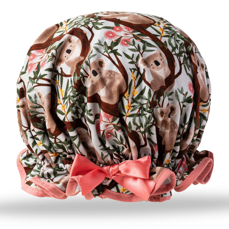 Vintage style women's large cotton shower cap.  Frilled edge, cute koala in tree print trimmed in coral with matching satin bow