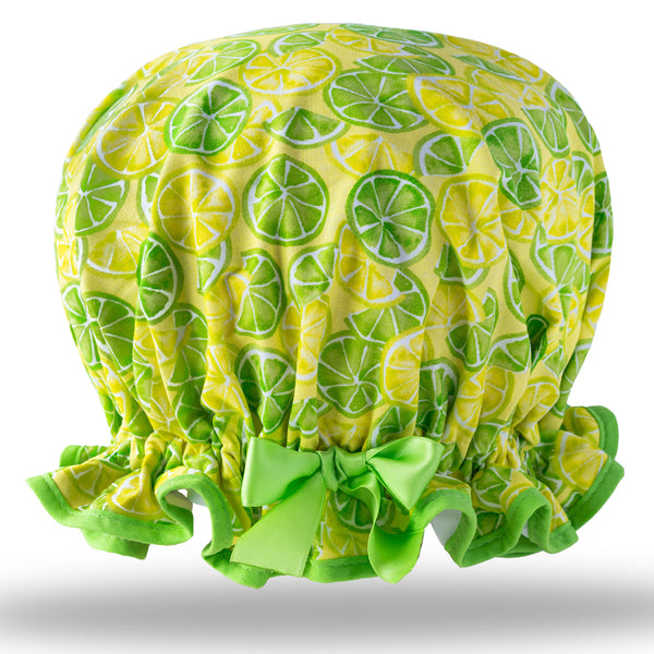 Vintage style women's large cotton shower cap.  Frilled edge, lemon and lime cotton print.  Lime green trim and satin bow.