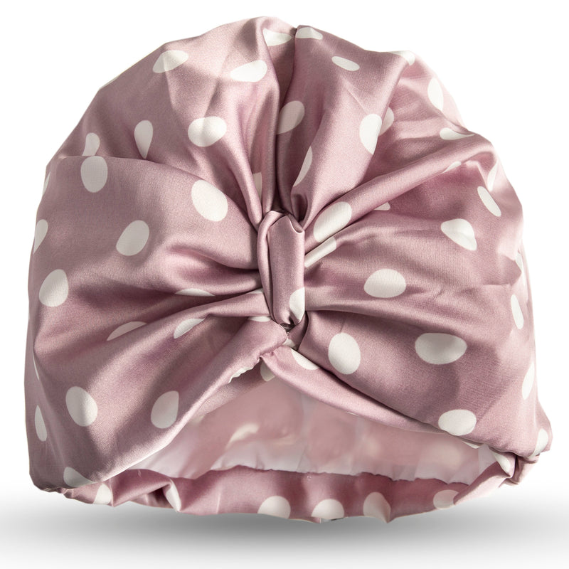 White spots on mauve satin pull on towelling lined turban, with pretty and gather and knotted at front.
