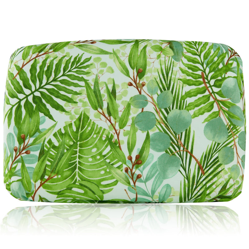 Soft waterproof rectangular bath pillow covered in a cotton green palm print. Suckers on reverse.