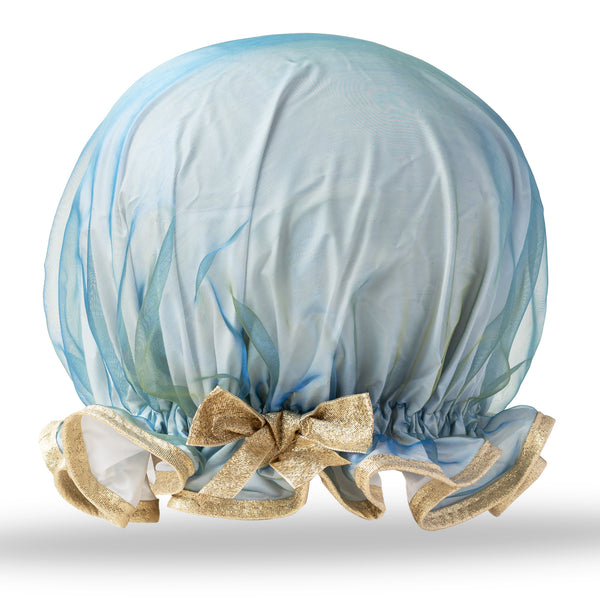 Vintage style women's large organza shower cap.  Frilled edge, pale blue with gold lurex trim and bow.
