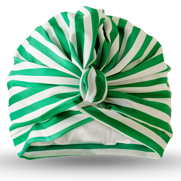 Green and white striped lycra pull on towelling lined drying turban, with pretty gather and knotted at front