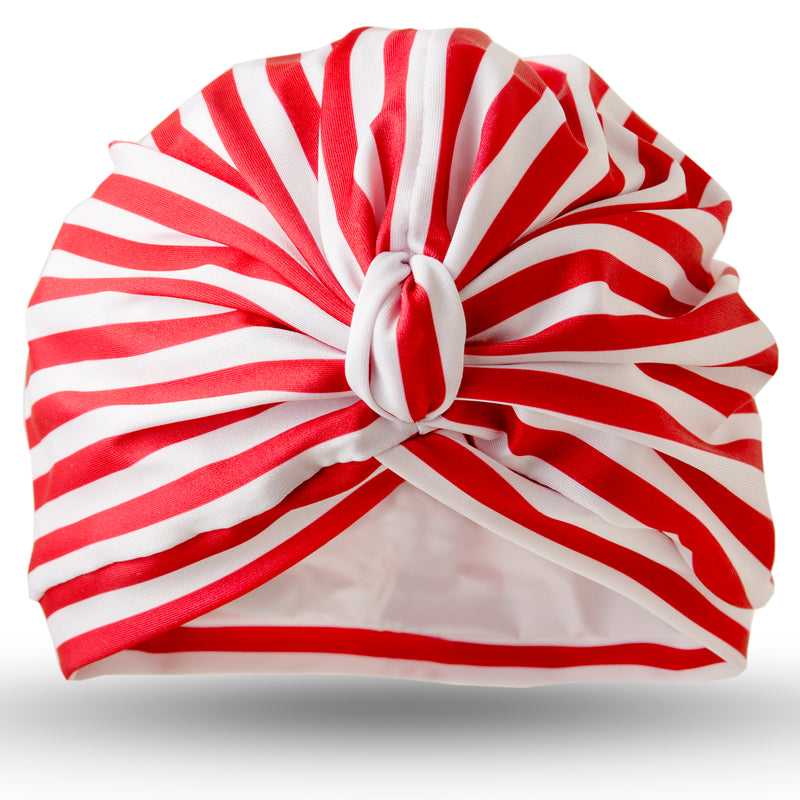 Red and white stripe lycra pull on waterproof turban, with pretty gather and knotted at front.