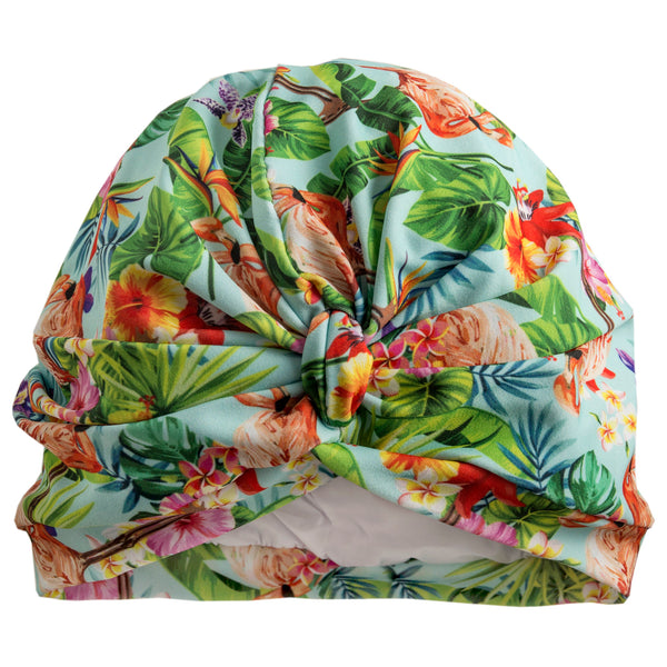 Bright multicoloured flamingo lycra print pull on towelling lined turban, with pretty gather and knot at front.