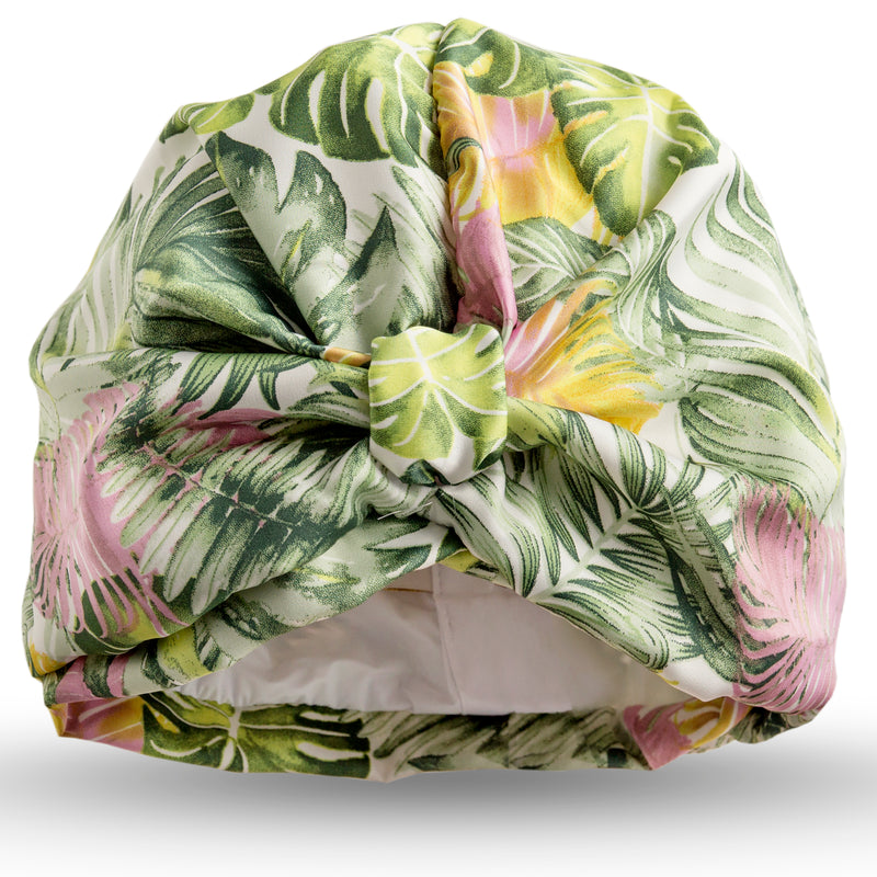 Green, pale purple and brown leafy satin print pull on waterprroof turban, with pretty gather and knotted at frontGreen, pale purple and brown leafy satin print pull on waterprroof turban, with pretty gather and knotted at front