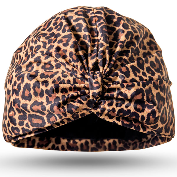 Leopard print lycra pull on towelling lined turban, with pretty gather and knotted at front