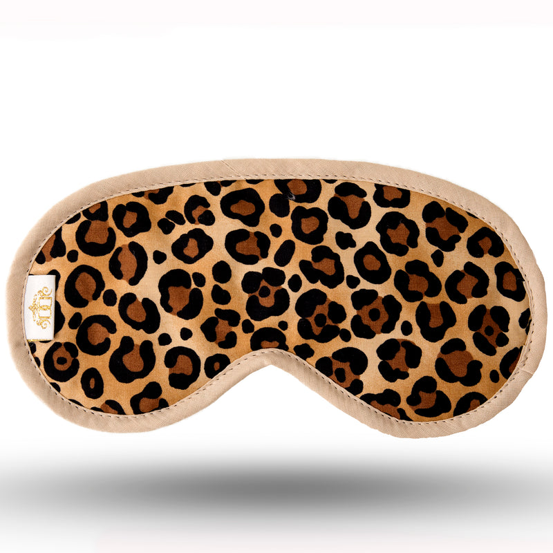 Beige, brown and black leopard print cotton sleep mask.  Black velour backing and elastic. Edged in beige.