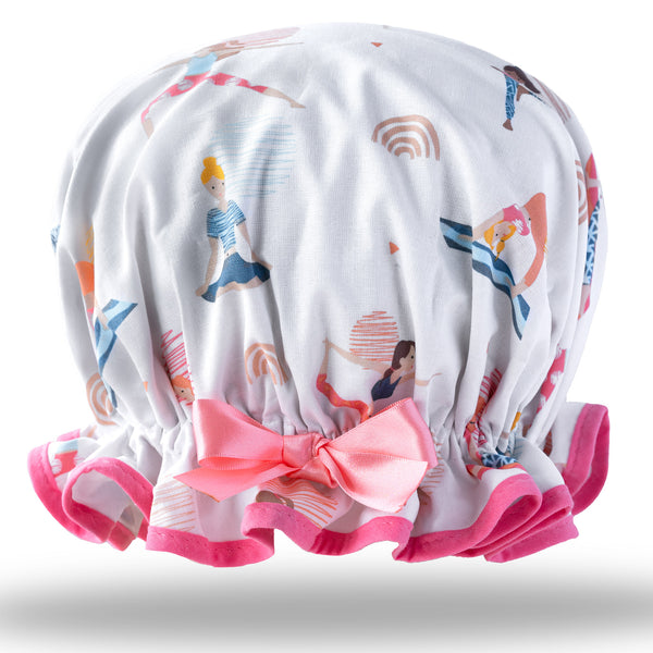 Vintage style women's large cotton shower cap.  Frilled edge, pastel cotton print of ladies in various yoga poses with pink trim and bow
